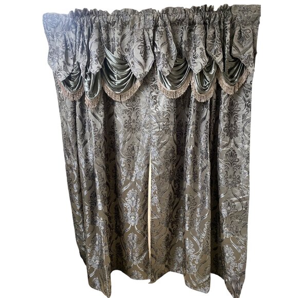 Gray Curtains Brocade Jacquard Two Panels Valance & Tassels 54" x 84" - Picture 1 of 9